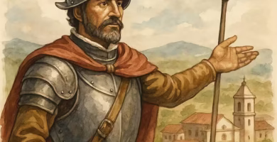 Francisco de Aguirre junto a una de las ciudades por el fundada