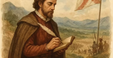 Alonso de Ercilla escribiendo la Araucana en su amado Chile
