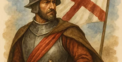 Jerónimo de Alderete con su equipo completo junto a la bandera del imperio español