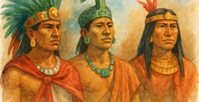 Imagen con un maya, un azteca y un Inca que refleja las diferencias entre ellos