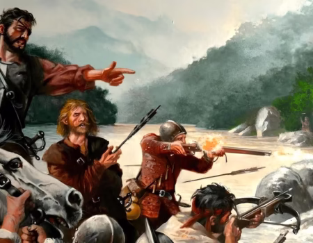 Imagen de Orellana y sus Hombres durante el descenso del Amazonas siendo atacados por indígenas