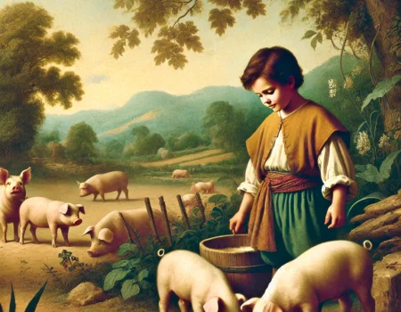 Francisco Pizarro durante su infancia cuidando a unos cerdos