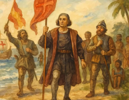 Cristóbal Colón llegando en su primer viaje a Amércia