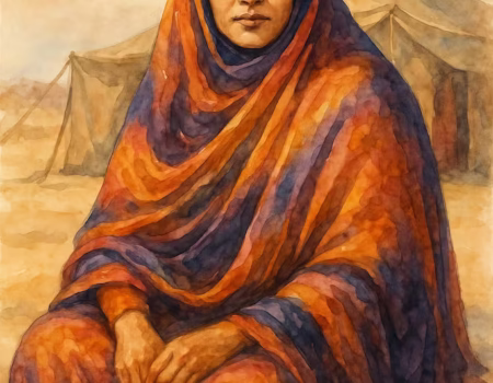 Mujer saharaui con vestimenta tradicional (melhfa). Aún en la vida sedentaria, mantienen vivo el estilo nómada en sus hogares y costumbres.