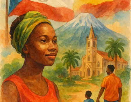 Se muestra a las banderas de Guinea ecuatorial y españa sobre los cielos y las gentes de este bello país africano