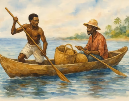 comerciantes Ndowe llevando mercancías por la costa