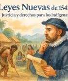 Imagen en la que se ve a un corregidor español del siglo XVi viendo los resultados de la aplicacíon de las leyes nuevas en un poblado de la actual Colombia