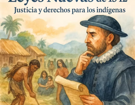 Imagen en la que se ve a un corregidor español del siglo XVi viendo los resultados de la aplicacíon de las leyes nuevas en un poblado de la actual Colombia