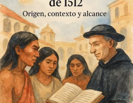 Un sacerdote del siglo XVI explicando las leyes de Burgos a un grupo de indígenas