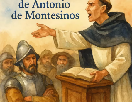 Acuarela que representa a fray Antonio de Montesinos predicando su famoso sermón de Adviento en 1511 en la isla La Española. El fraile dominico, de pie en un púlpito de madera, alza la mano enérgicamente mientras denuncia los abusos contra los indígenas ante un grupo de colonos españoles sorprendidos. La escena se desarrolla en el interior de una iglesia colonial iluminada por la luz cálida que entra por los ventanales, con tonos suaves y realistas característicos del estilo de acuarela.