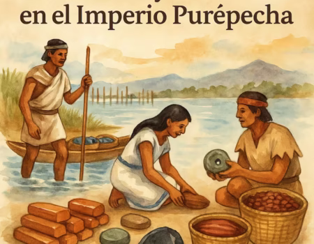 Imagen en la que se muestra la economía y comercio en el Imperio Purepecha a la orilla del rio Lermes