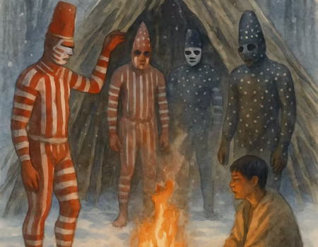 Una escena ritual en un claro nevado de Tierra del Fuego. Hombres Selk’nam pintados con líneas rojas, negras y blancas ejecutan la ceremonia bajo una choza cónica, mientras el fuego ilumina el rostro de los iniciados. Estilo de acuarela etnográfica, espiritual y atmosférica.
