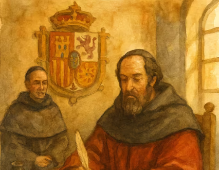 Imagen en la que se ve al protector de indios escribiendo al rey
