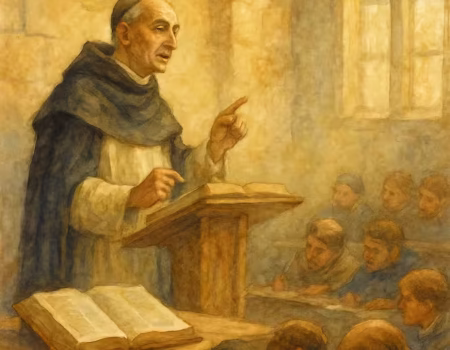 Acuarela de Francisco de Vitoria en la Universidad de Salamanca explicando el derecho de gentes, base del derecho internacional y de la Escuela de Salamanca.