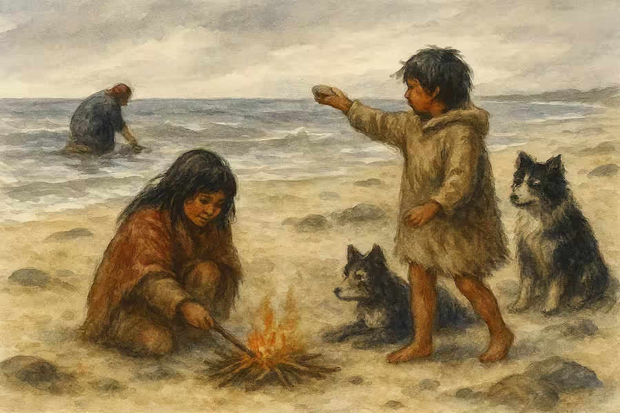 Acuarela que muestra a un anciano Yámana descansando en su canoa mientras un joven mantiene viva la llama del fuego ancestral.