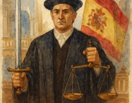 Ilustración en acuarela de estilo histórico que muestra a un magistrado español del Siglo de Oro junto a un escribano, con edificios coloniales y símbolos de justicia como la balanza y el estandarte real borrosamente integrados en el fondo, evocando la justicia del Imperio español