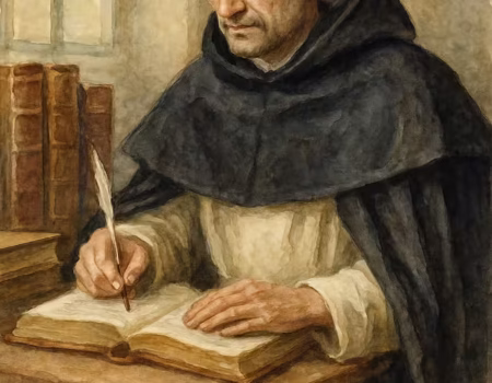 Acuarela de Melchor Cano escribiendo sus obras