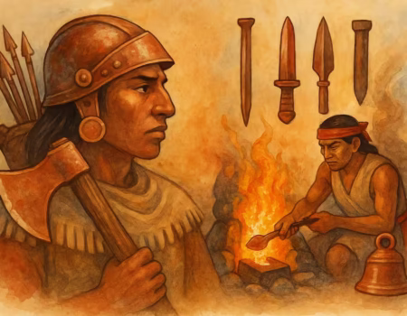 Artesanos purepechas especializados en la metalurgia del cobre haciendo armas