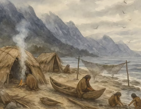 Vista panorámica de un asentamiento kawésqar temporal en una playa entre canales: chozas de ramas cubiertas con pieles, redes extendidas, mujeres reparando canoas y niños recolectando mariscos. En el cielo, bandadas de aves australes anuncian la llegada de una tormenta.