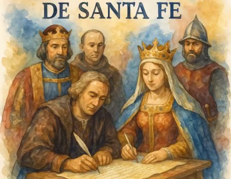 Acuarela histórica de la firma de las Capitulaciones de Santa Fe, con Cristóbal Colón escribiendo en un pergamino junto a la reina Isabel la Católica, rodeados por Fernando de Aragón, un fraile y un soldado castellano.