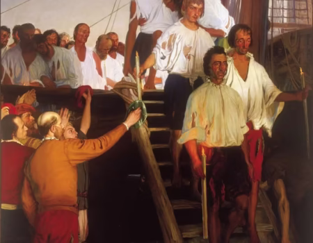 Elcano y los 17 héroes a su llegada a España